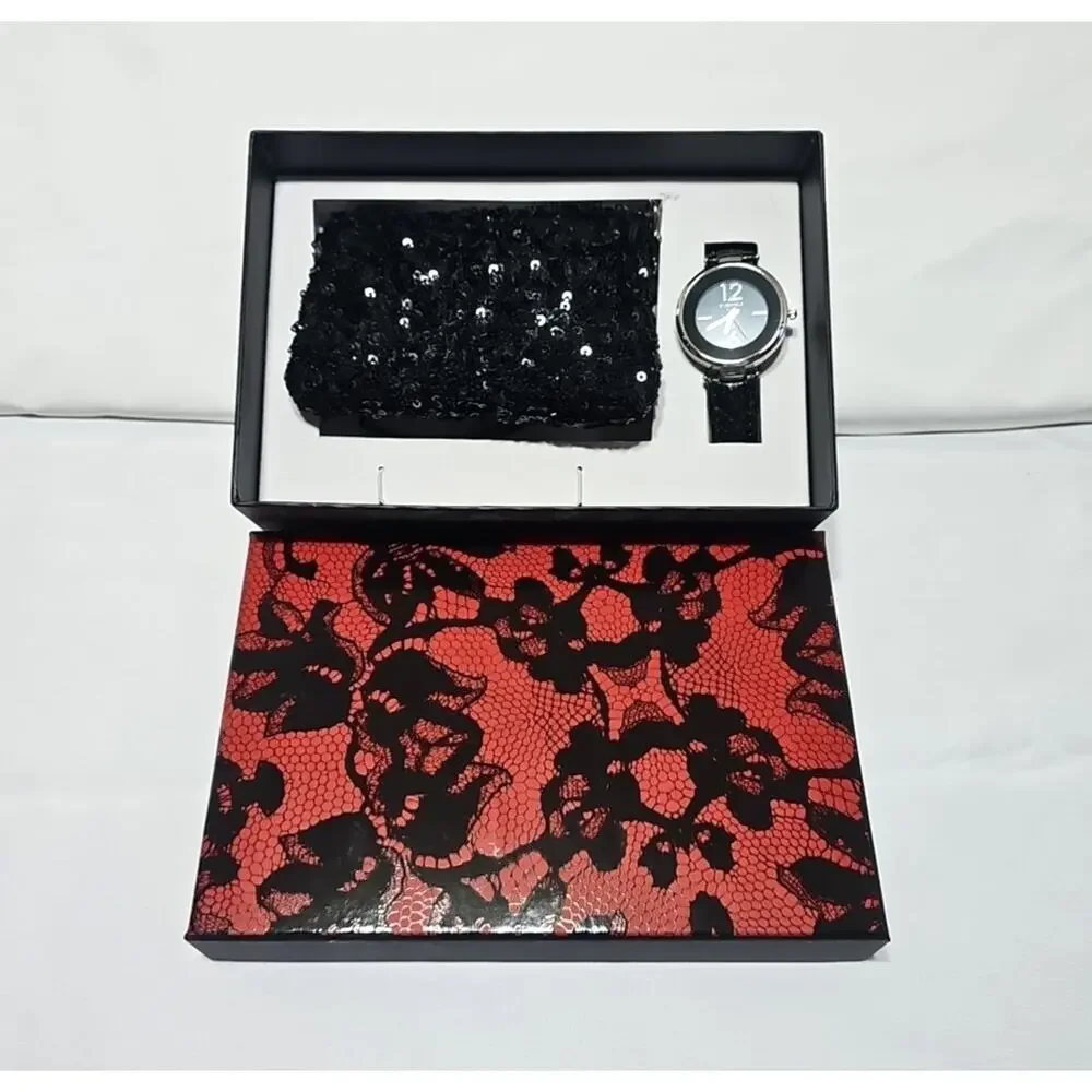 Ensemble Womens Watch & Small Purse Set Quartz Watch Black Leather Sequin Purse